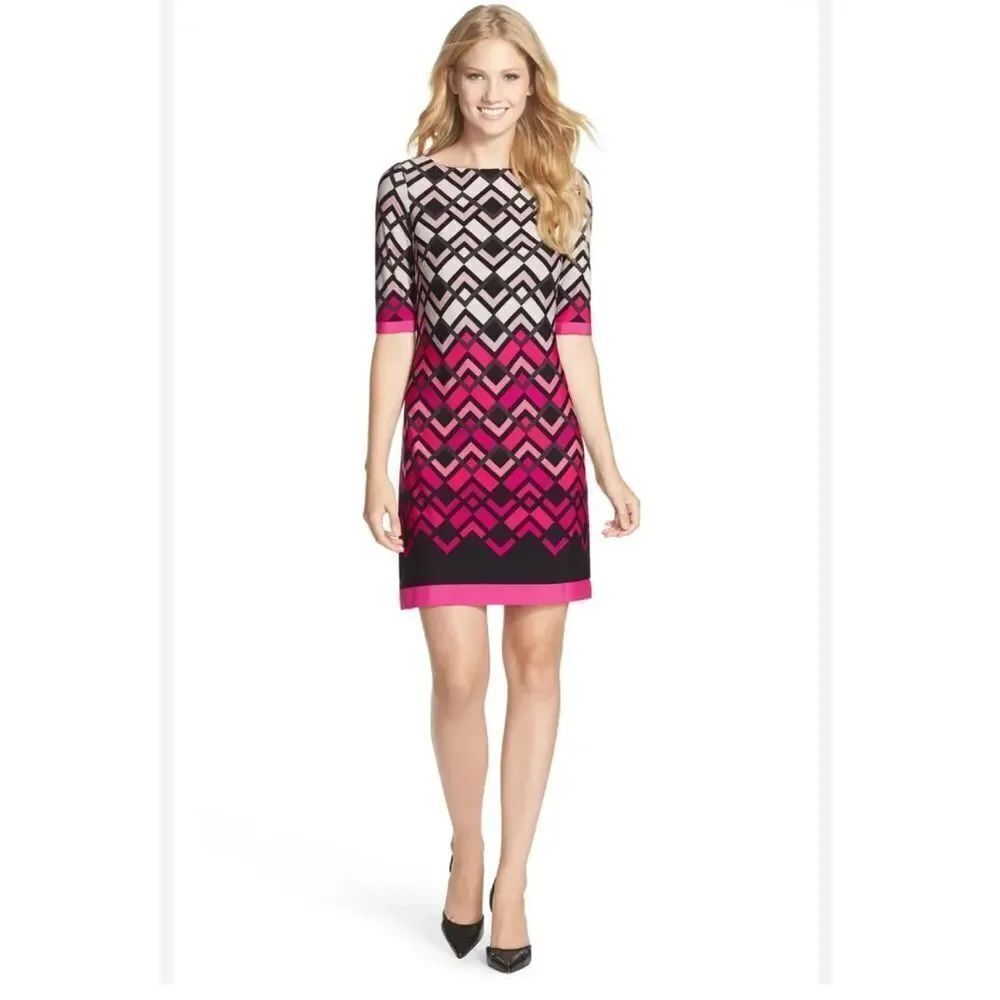 Eliza J Pink Black Geometric Print Short Sleeve Shift Mini Dress Size 12